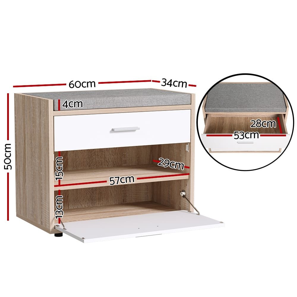 Artiss Shoe Cabinet Bench Shoes Storage Organiser Rack Fabric Seat Wooden Cupboard Up to 8 pairs - Image 2