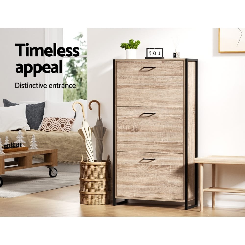 Artiss Shoe Cabinet Shoes Storage Rack Wooden Organiser Up to 24 Pairs Shelf Cupboard Metal Frame - Image 5