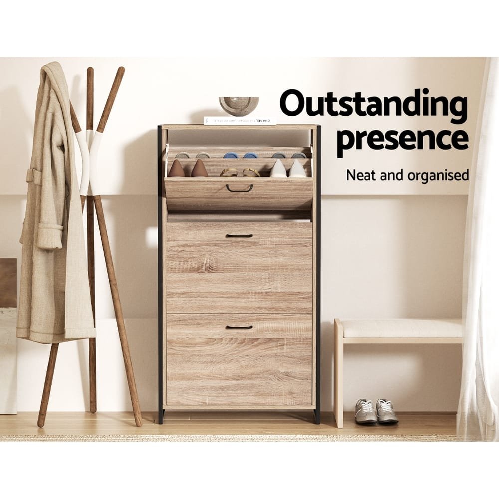 Artiss Shoe Cabinet Shoes Storage Rack Wooden Organiser Up to 24 Pairs Shelf Cupboard Metal Frame - Image 6