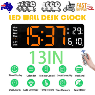 13 Orange Large Digital Big Jumbo LED Wall Desk Clock Display With Temperature Calendar "